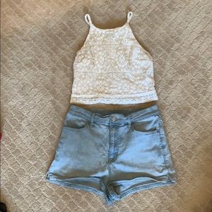 High waisted light wash jean shorts